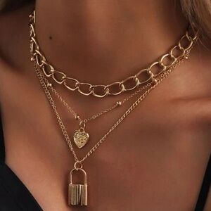 Anthropologie Minimalist Trendy Layered Gold Heart and Lock Pendant Necklace